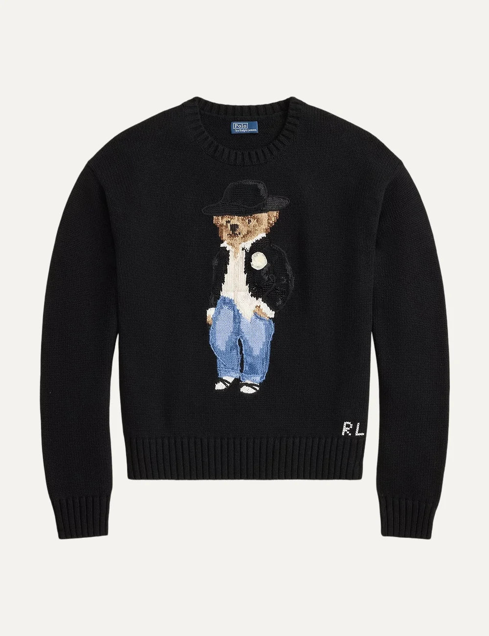 Polo Ralph Lauren women's black cotton knit sweater with embroidered Polo Bear motif