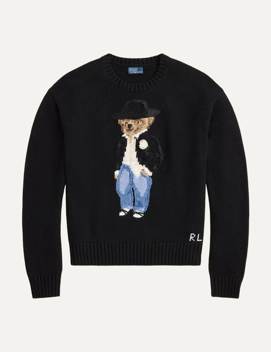 Polo Ralph Lauren women's black cotton knit sweater with embroidered Polo Bear motif