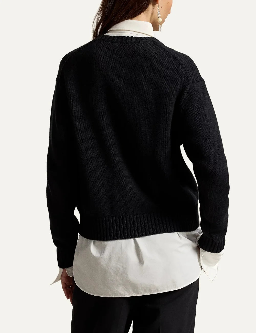 Polo Ralph Lauren women's black cotton knit sweater with embroidered Polo Bear motif back