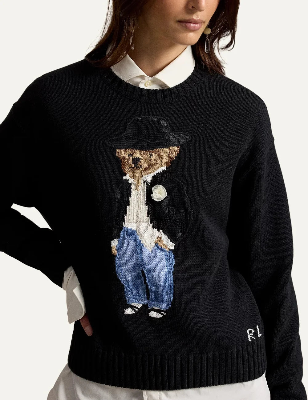 Polo Ralph Lauren women's black cotton knit sweater with embroidered Polo Bear motif detail