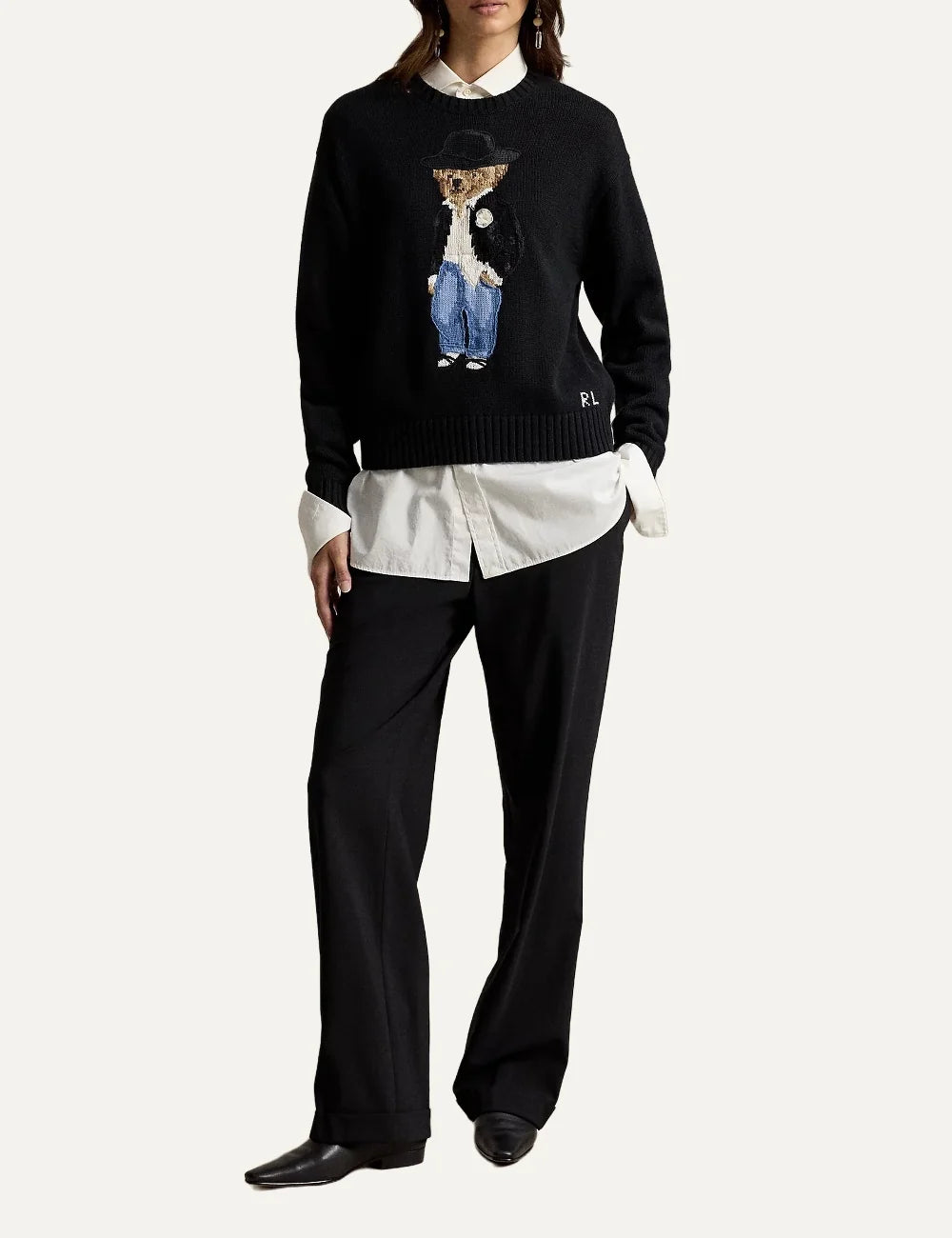 Polo Ralph Lauren women's black cotton knit sweater with embroidered Polo Bear motif full body