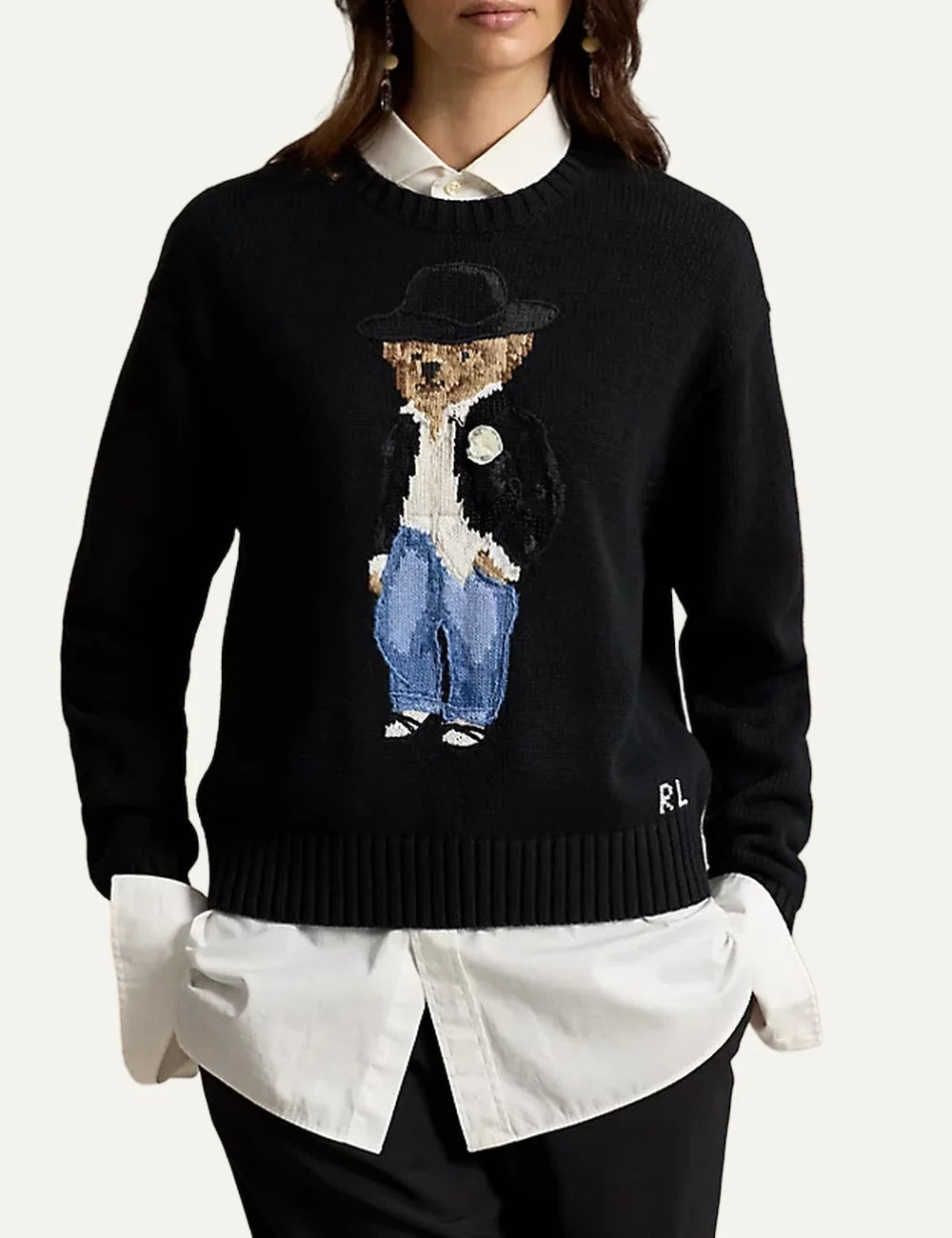 Polo Ralph Lauren women's black cotton knit sweater with embroidered Polo Bear motif model