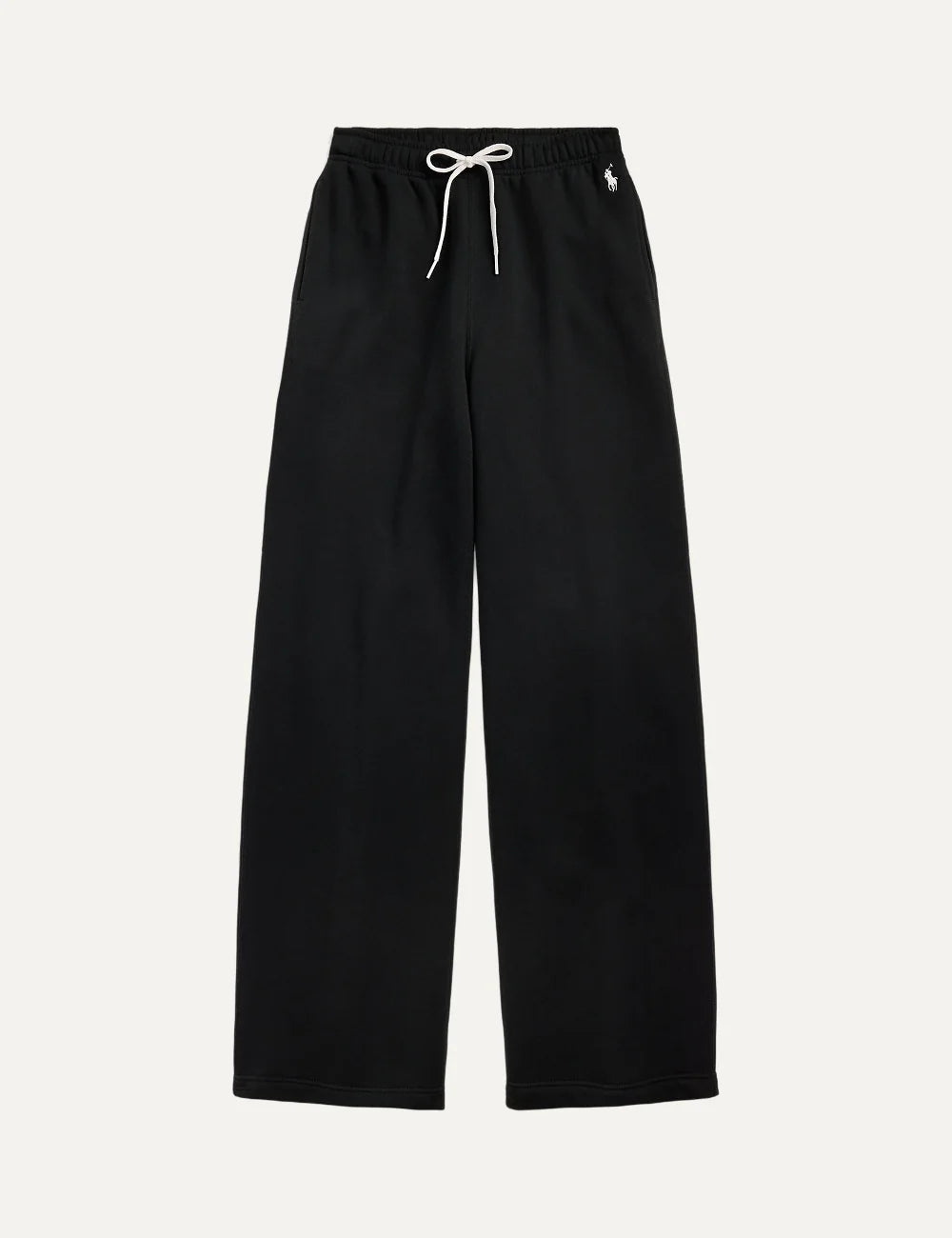 Polo Ralph Lauren women's black wide-leg sweatpants with white drawstring waist, side pockets and embroidered Pony logo.
