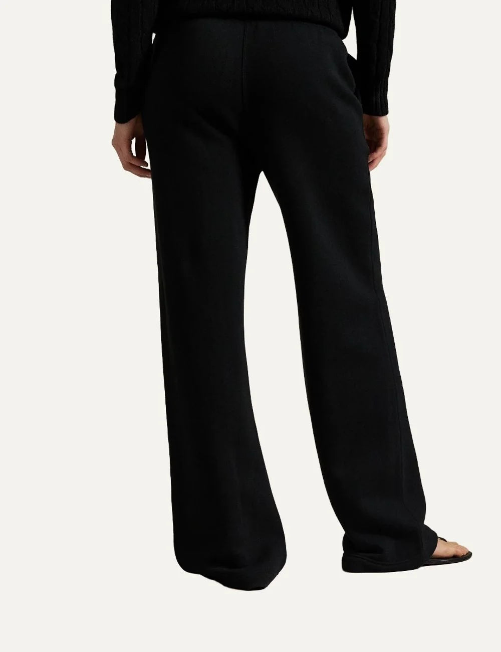 Polo Ralph Lauren women's black wide-leg sweatpants with white drawstring waist, side pockets and embroidered Pony logo back