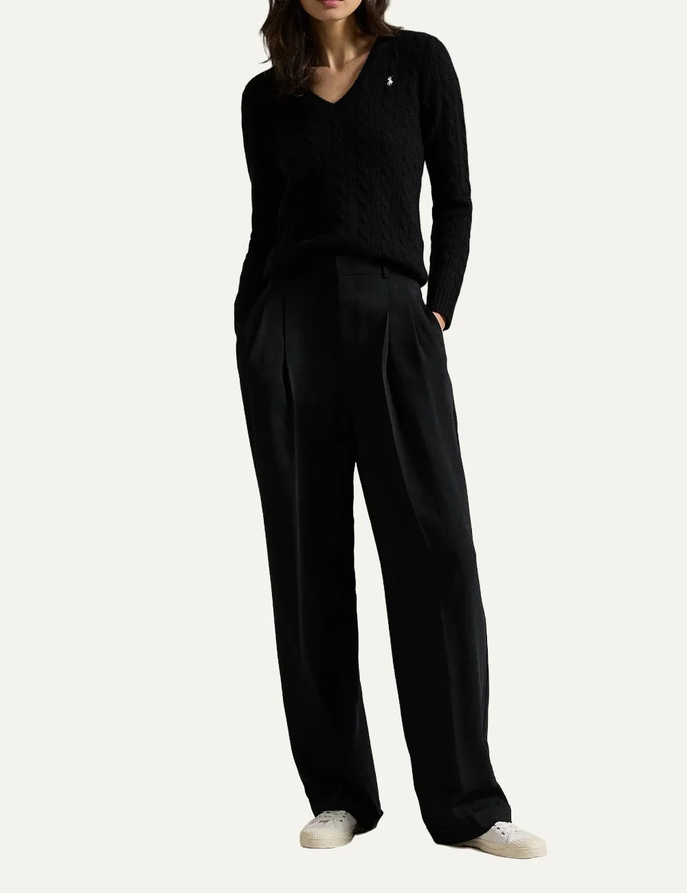 Polo Ralph Lauren women's black wool and cashmere cable knit sweater full body