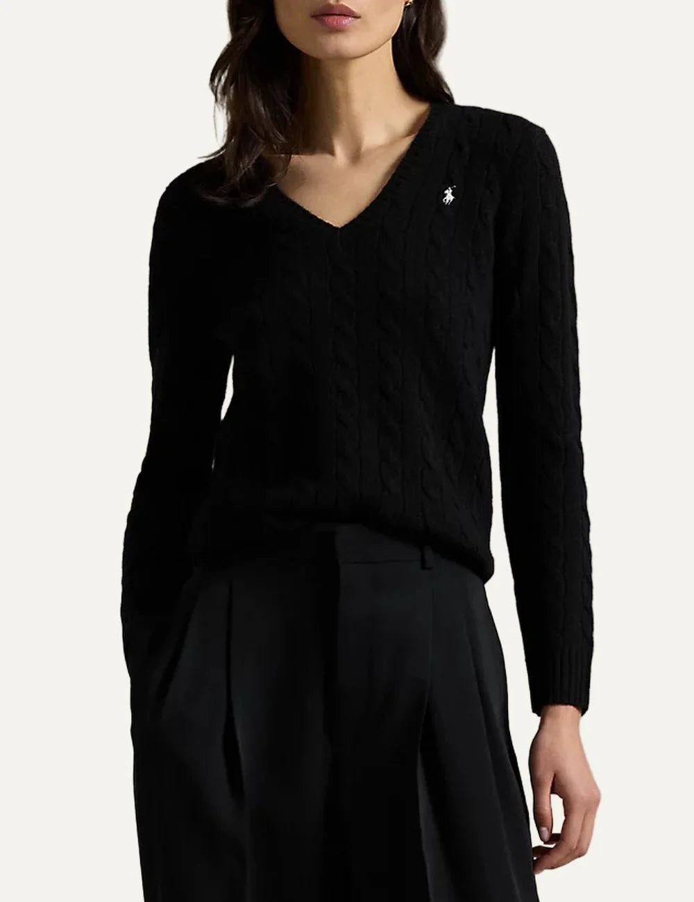 Polo Ralph Lauren women's black wool and cashmere cable knit sweater model