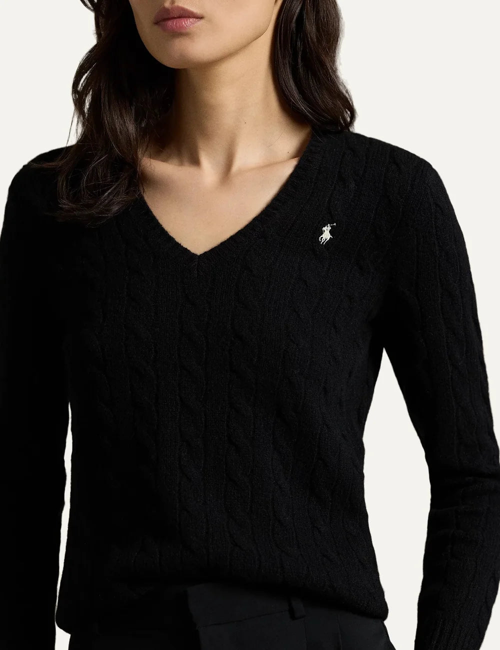 Polo Ralph Lauren women's black wool and cashmere cable knit sweater detail