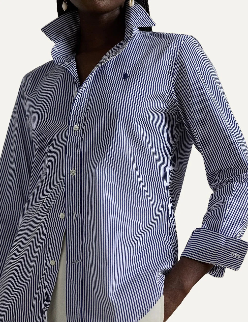 Polo Ralph Lauren women's blue and white striped cotton shirt detail