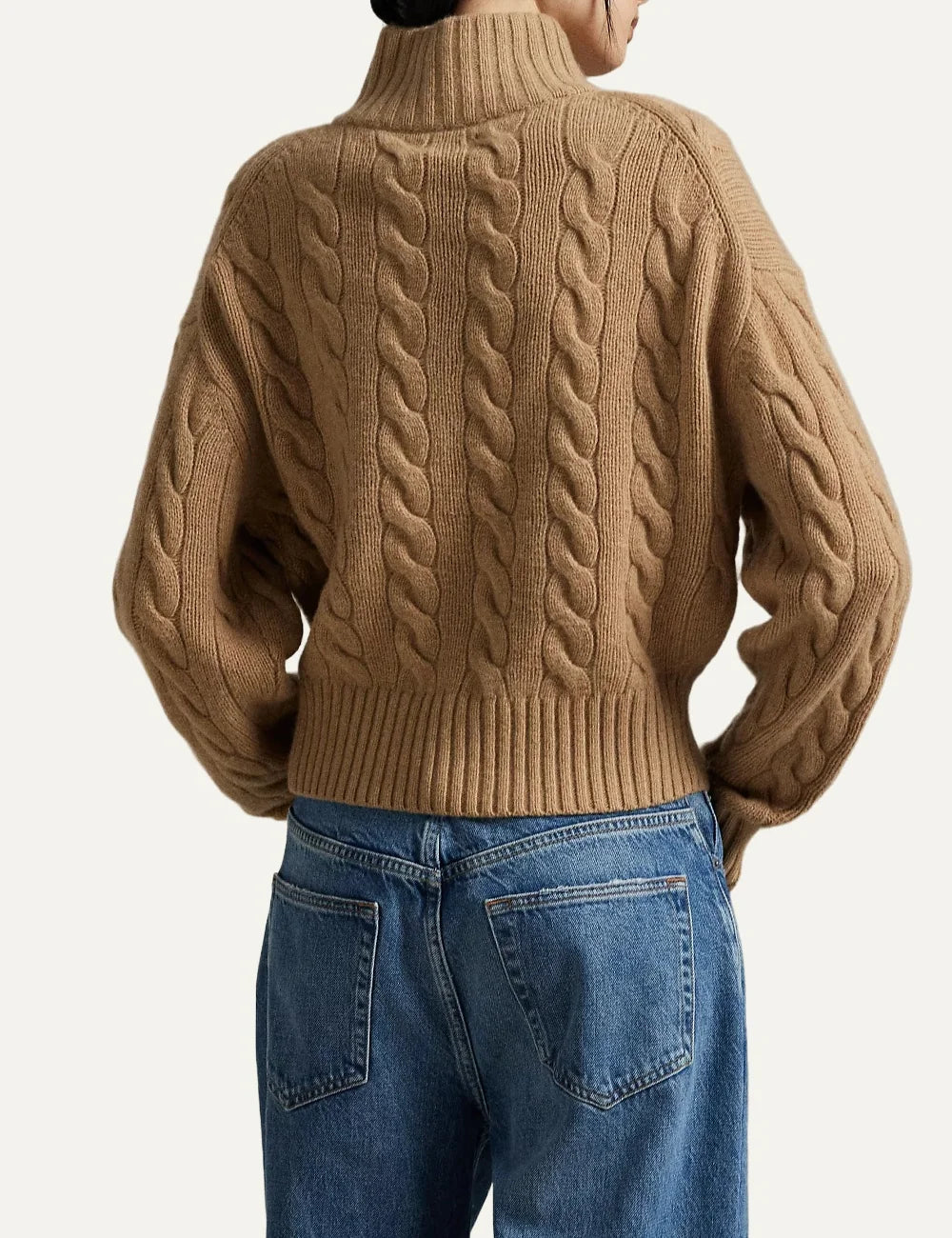 Polo Ralph Lauren women's camel beige cable-knit sweater with half-zip collar and navy embroidered Pony logo back