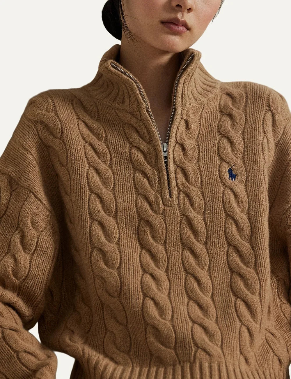 Polo Ralph Lauren women's camel beige cable-knit sweater with half-zip collar and navy embroidered Pony logo detail