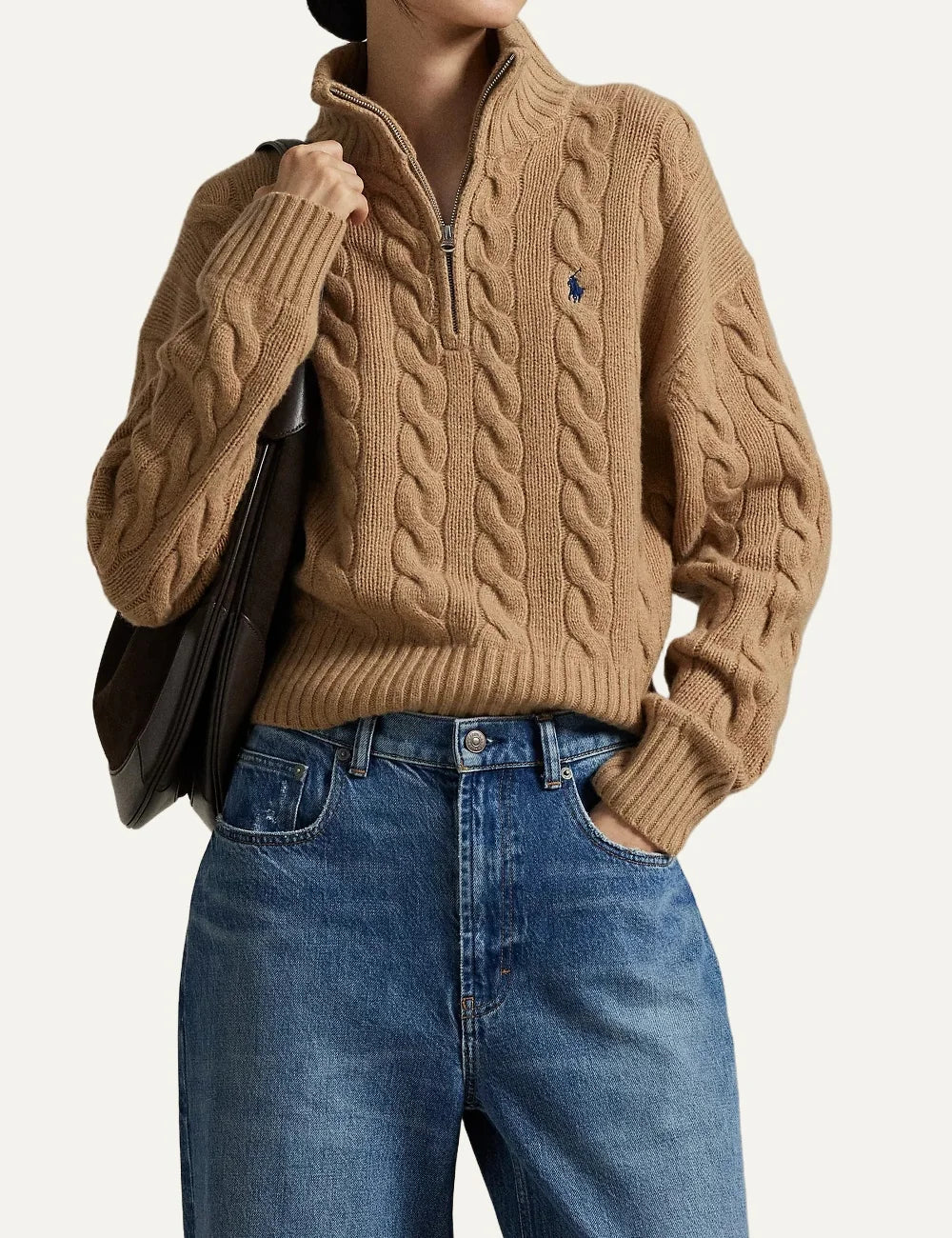 Polo Ralph Lauren women's camel beige cable-knit sweater with half-zip collar and navy embroidered Pony logo model