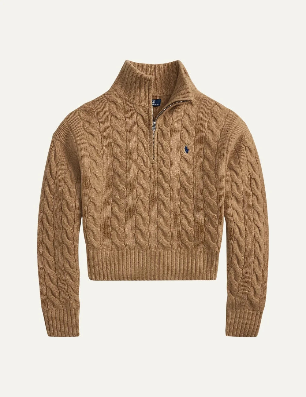 Polo Ralph Lauren women's camel beige cable-knit sweater with half-zip collar and navy embroidered Pony logo.