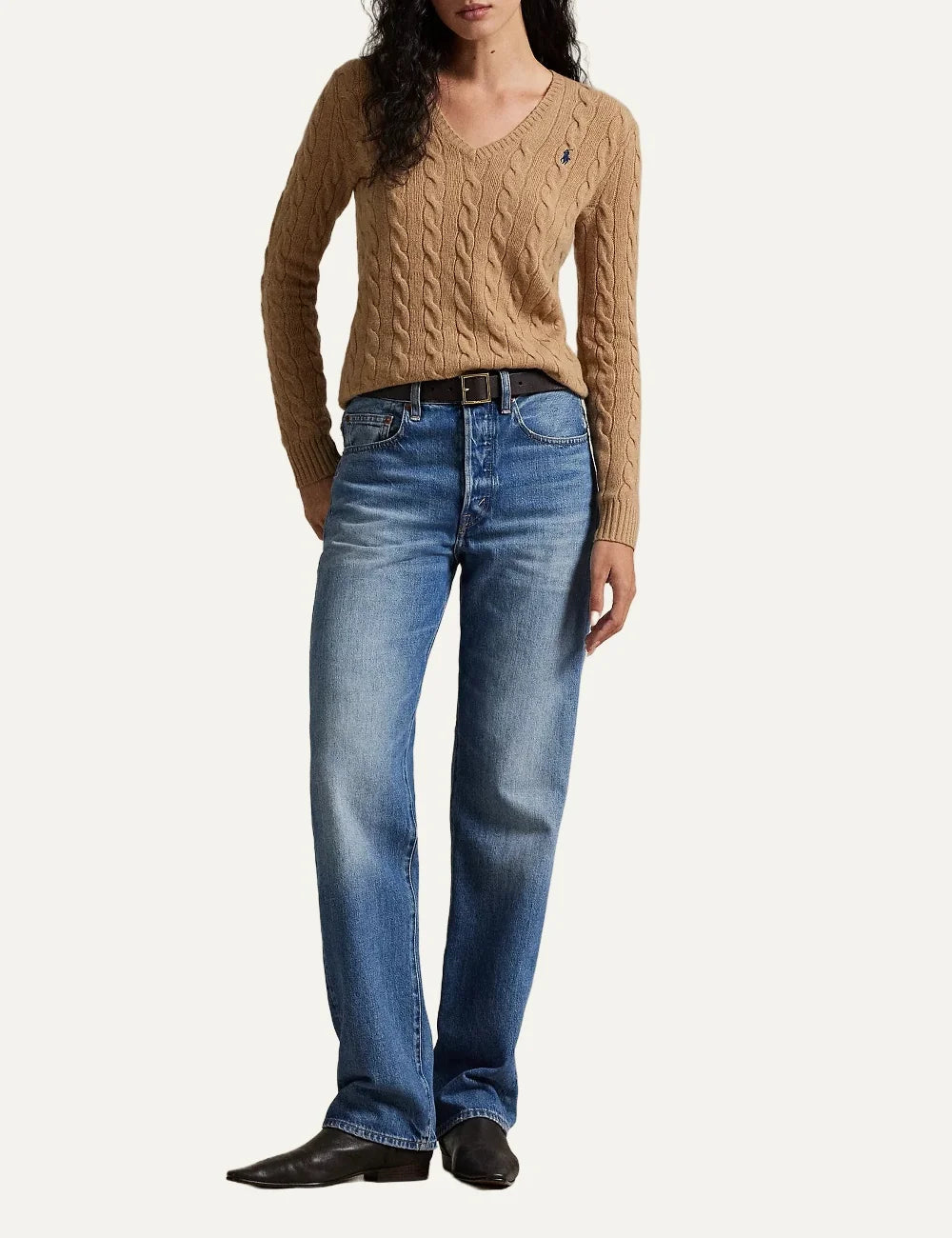 Polo Ralph Lauren women's camel wool and cashmere cable knit sweater full body