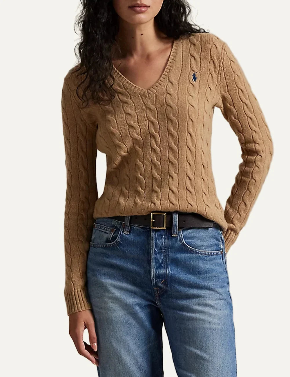 Polo Ralph Lauren women's camel wool and cashmere cable knit sweater model