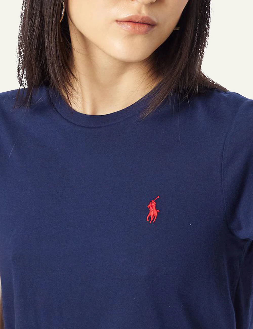 Women's Polo Ralph Lauren Classic Fit cotton jersey T-shirt in navy blue with red embroidered Pony logo detail