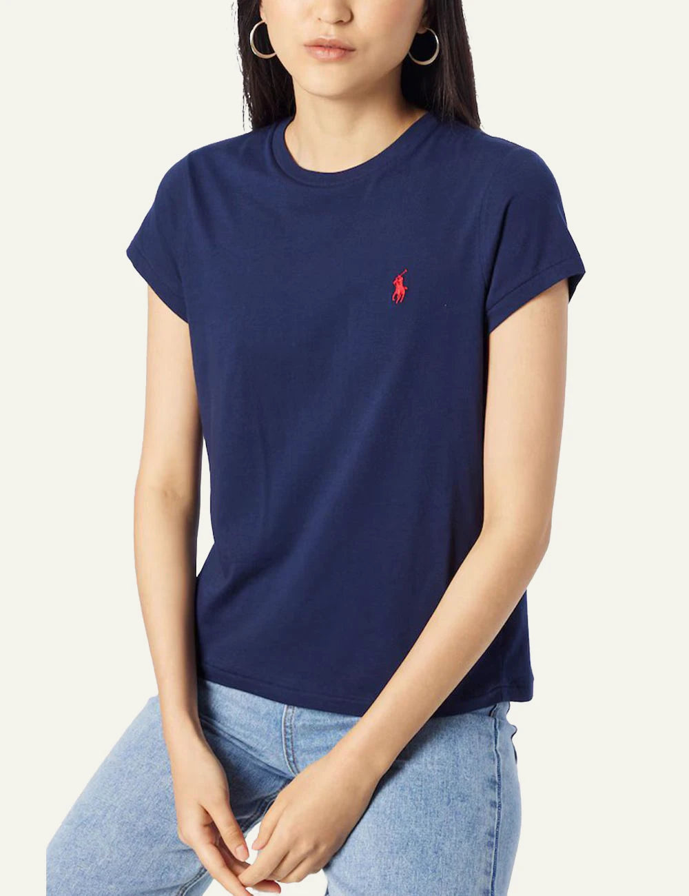 Women's Polo Ralph Lauren Classic Fit cotton jersey T-shirt in navy blue with red embroidered Pony logo model