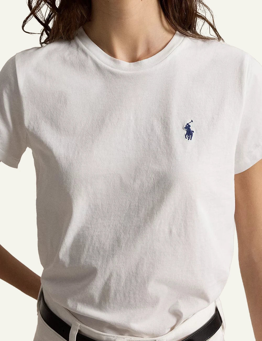 Women's Polo Ralph Lauren cotton jersey T-shirt in white with embroidered navy Pony logo model