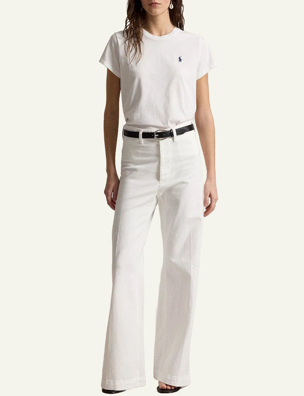 Women's Polo Ralph Lauren cotton jersey T-shirt in white with embroidered navy Pony logo full body