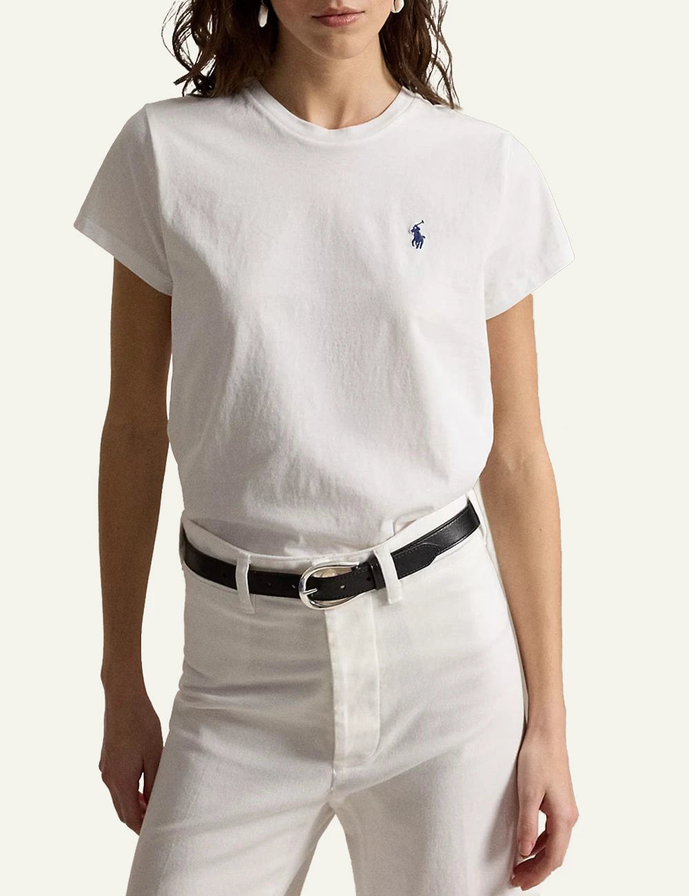 Women's Polo Ralph Lauren cotton jersey T-shirt in white with embroidered navy Pony logo model
