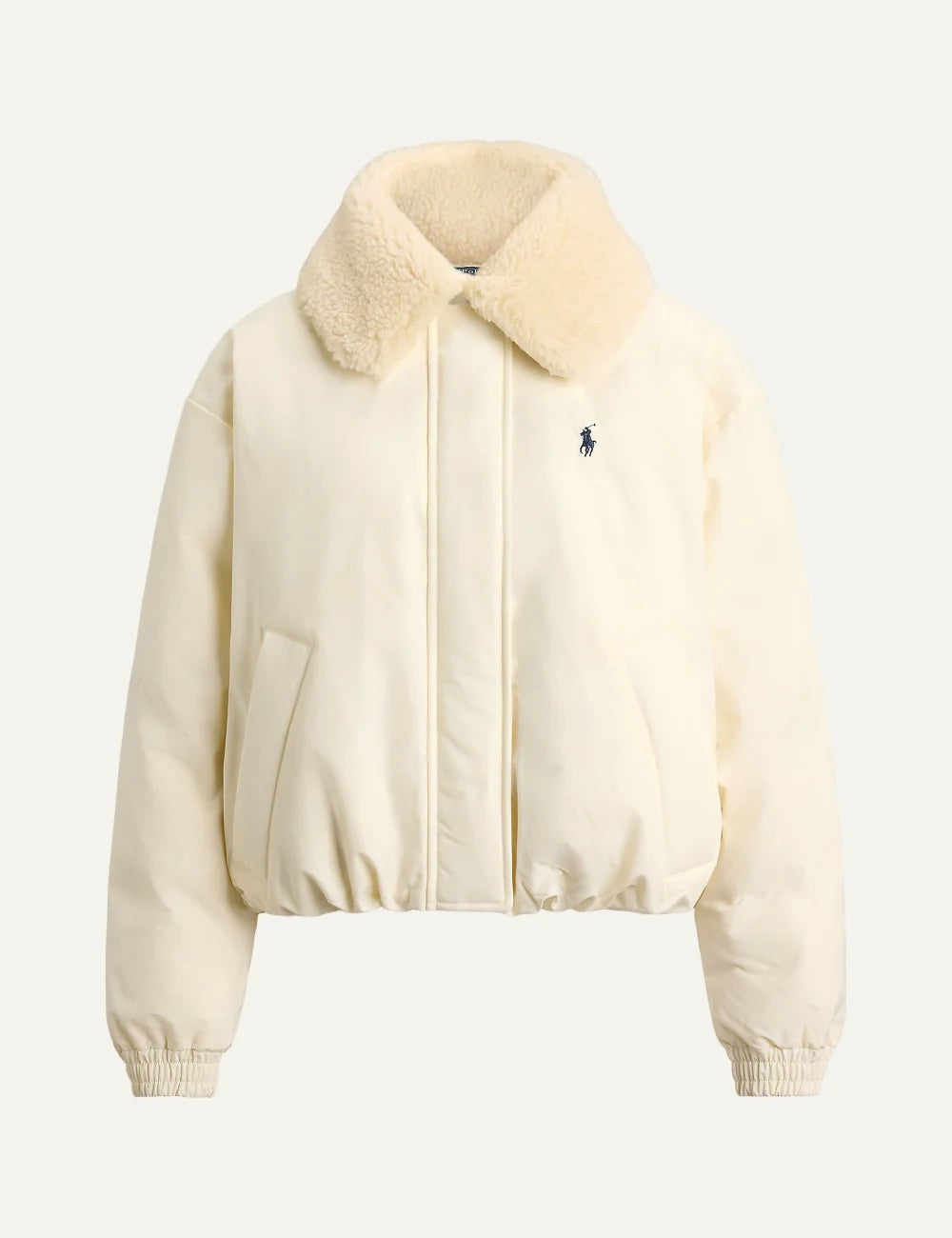 Polo Ralph Lauren women's cream puffer jacket with detachable faux fur collar, concealed zip front and embroidered Pony logo.
