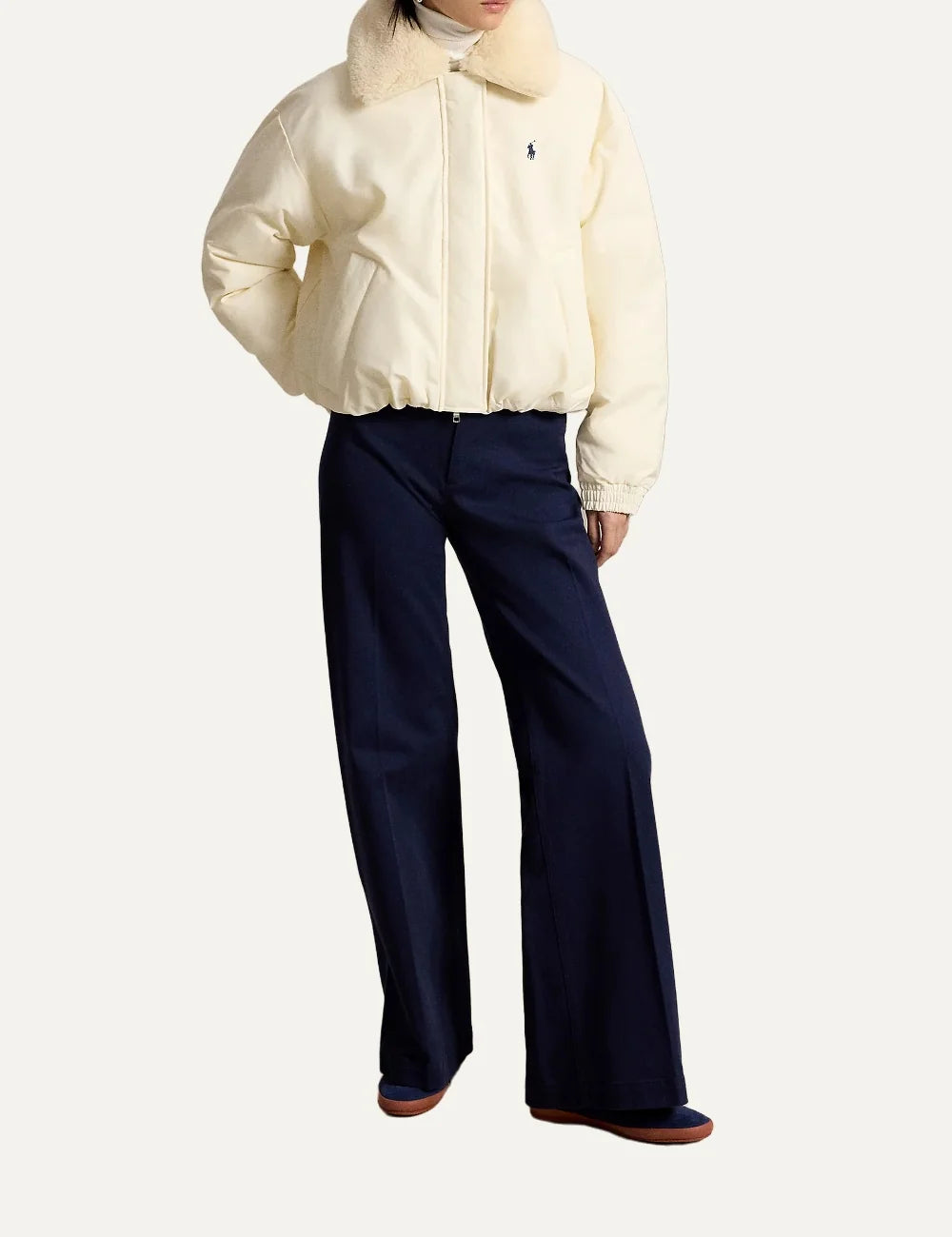 Polo Ralph Lauren women's cream puffer jacket with detachable faux fur collar, concealed zip front and embroidered Pony logo full body