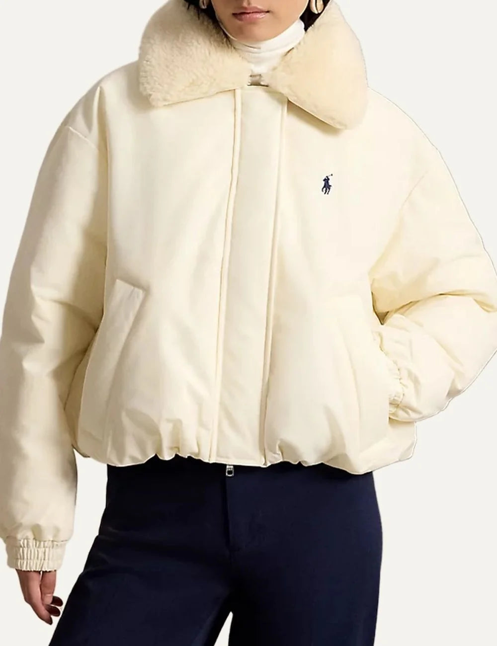 Polo Ralph Lauren women's cream puffer jacket with detachable faux fur collar, concealed zip front and embroidered Pony logo model