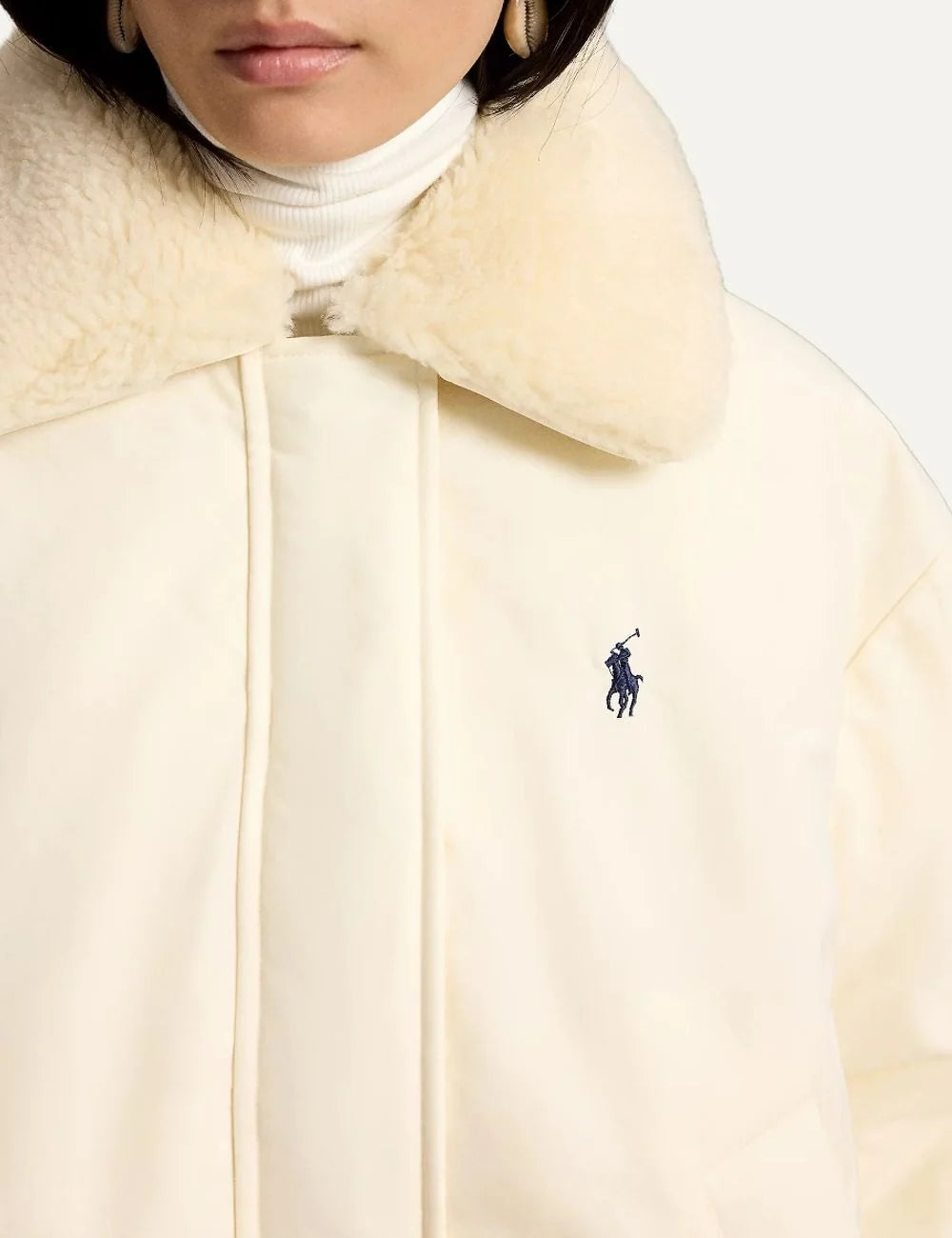 Polo Ralph Lauren women's cream puffer jacket with detachable faux fur collar, concealed zip front and embroidered Pony logo detail