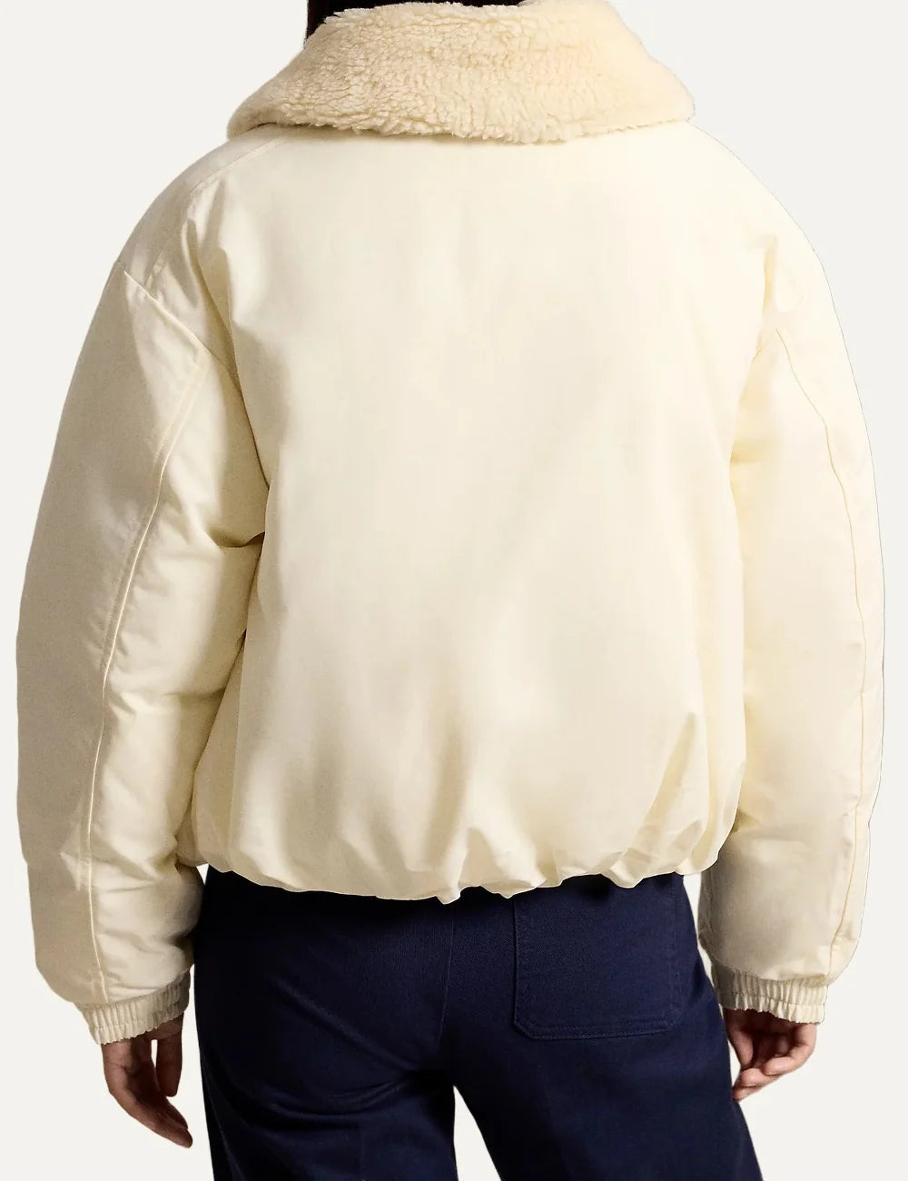 Polo Ralph Lauren women's cream puffer jacket with detachable faux fur collar, concealed zip front and embroidered Pony logo back