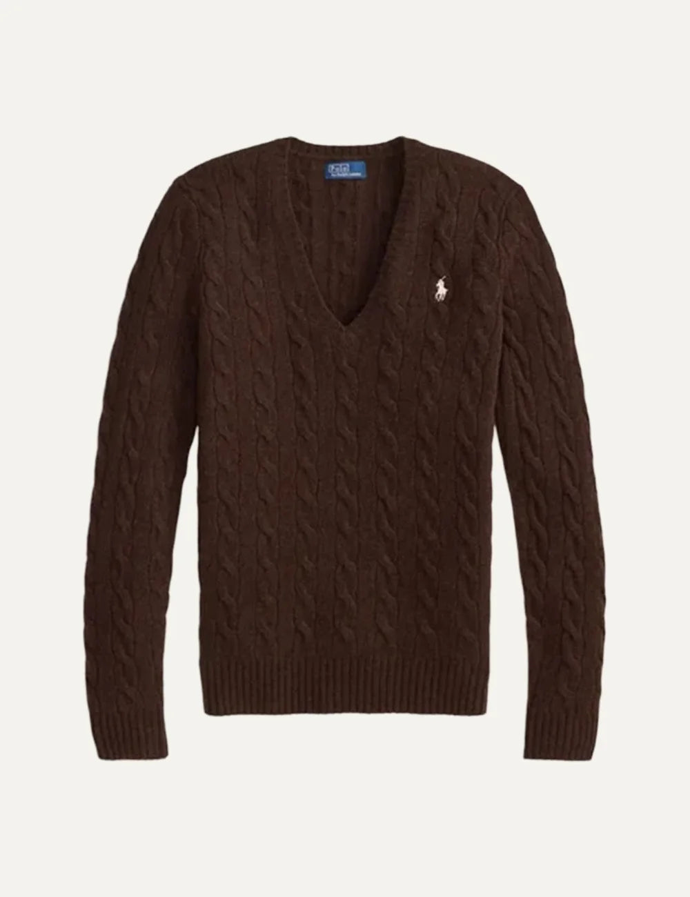 Polo Ralph Lauren women's dark brown cable-knit V-neck sweater with long sleeves and white embroidered Pony logo.