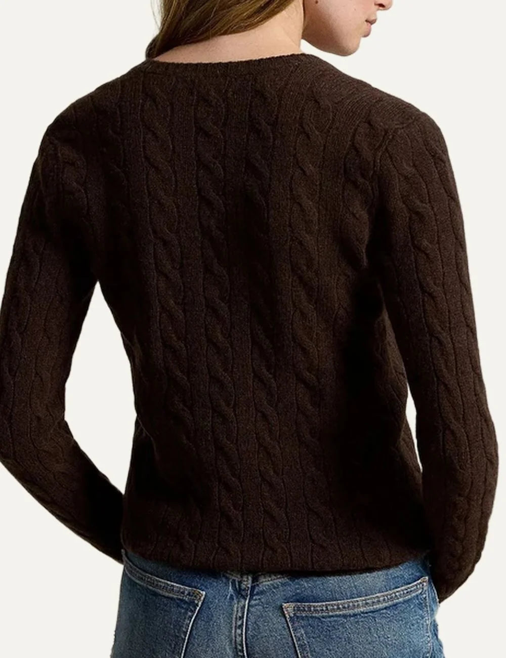 Polo Ralph Lauren women's dark brown cable-knit V-neck sweater with long sleeves and white embroidered Pony logo back