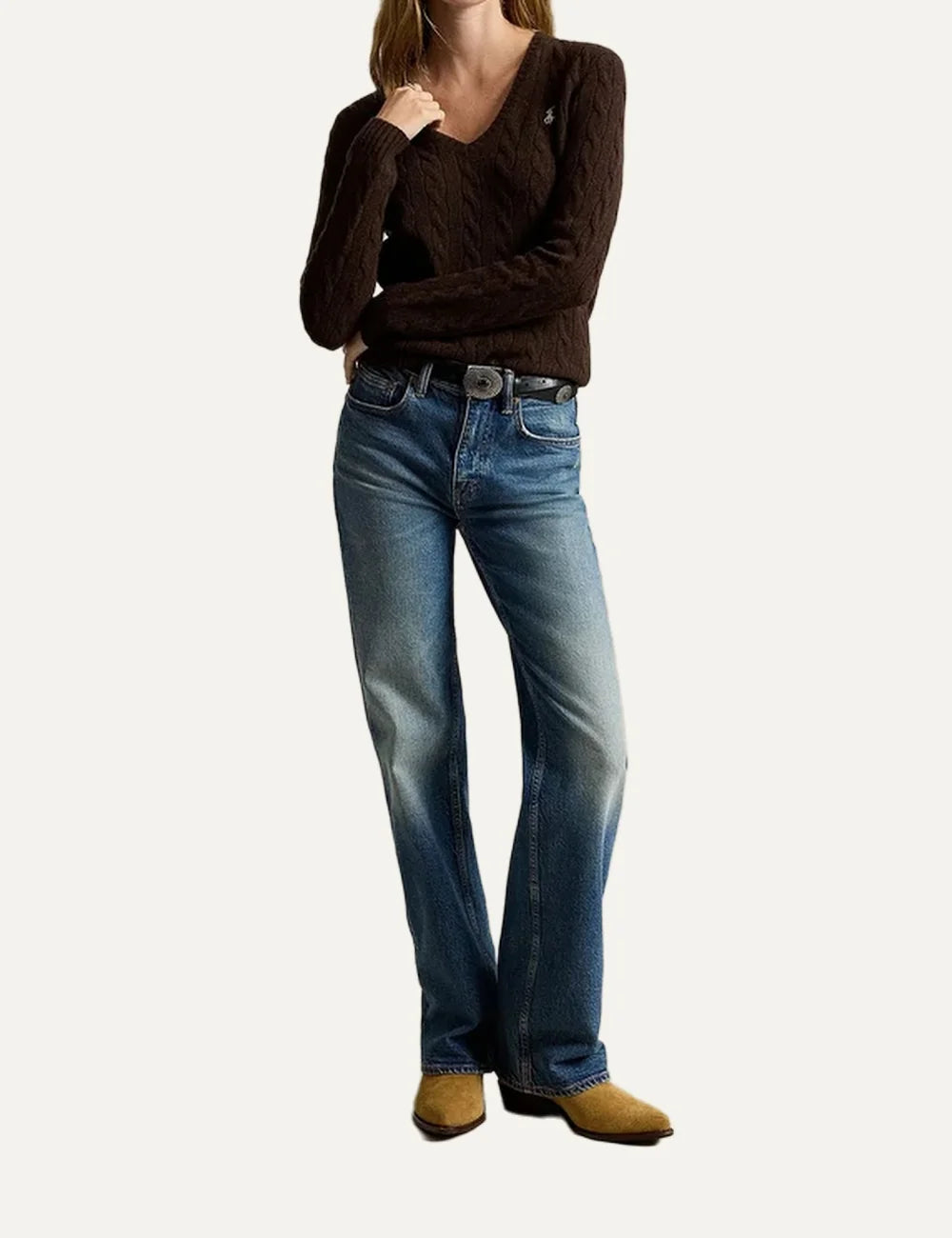 Polo Ralph Lauren women's dark brown cable-knit V-neck sweater with long sleeves and white embroidered Pony logo full body