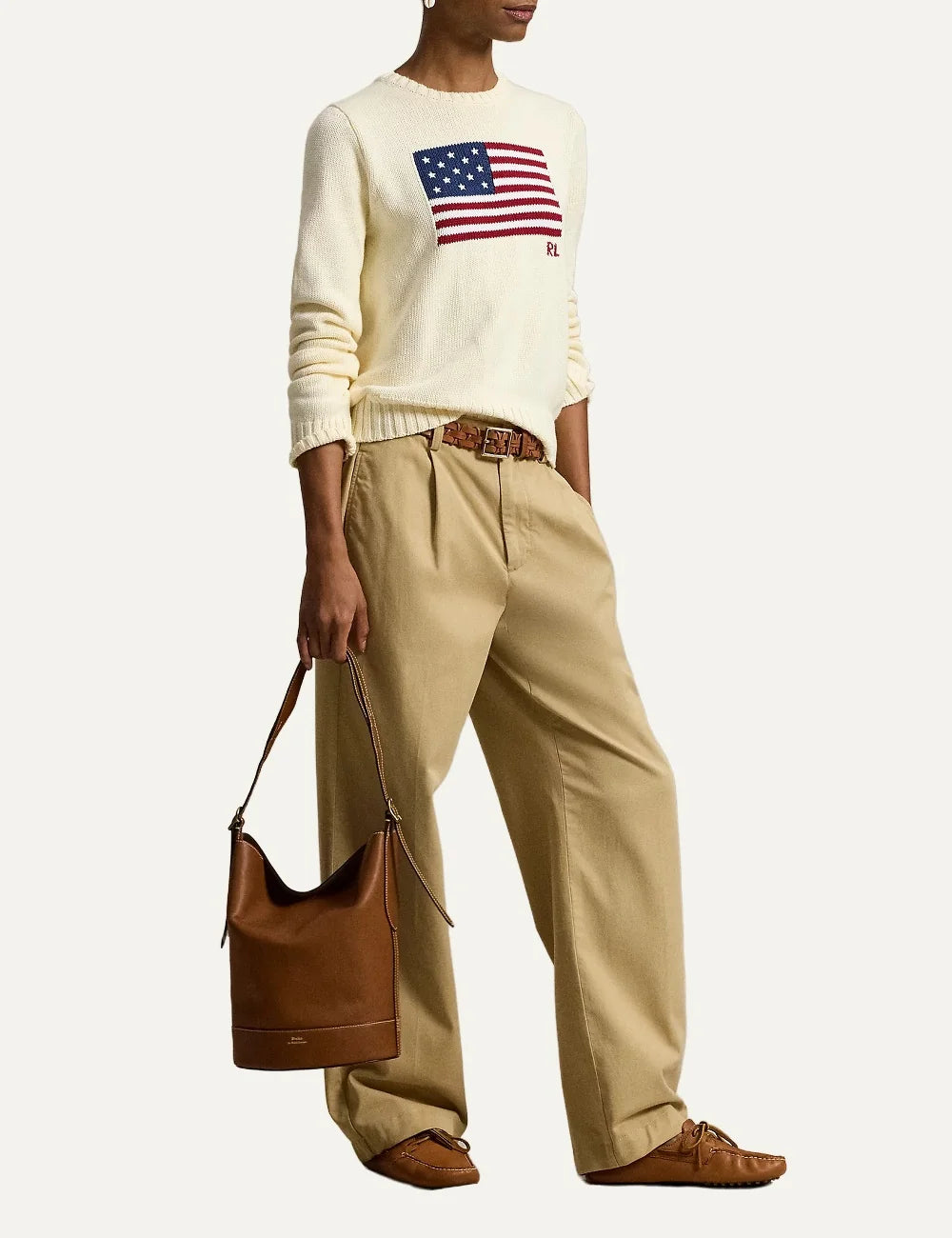 Polo Ralph Lauren women's ecru cotton sweater with American flag full body