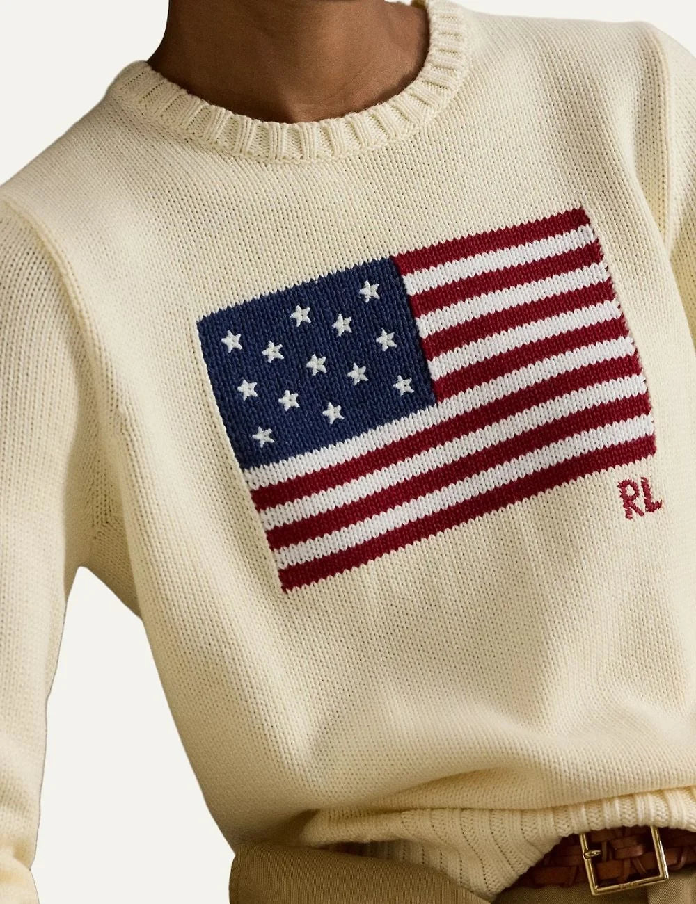 Polo Ralph Lauren women's ecru cotton sweater with American flag detail