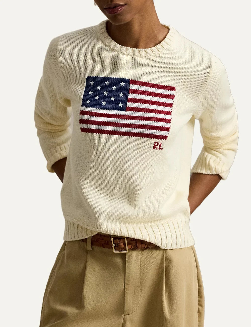 Polo Ralph Lauren women's ecru cotton sweater with American flag model