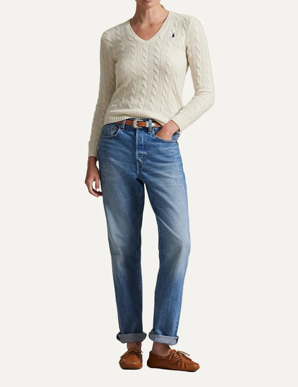 Polo Ralph Lauren women's ecru wool and cashmere cable knit sweater full body