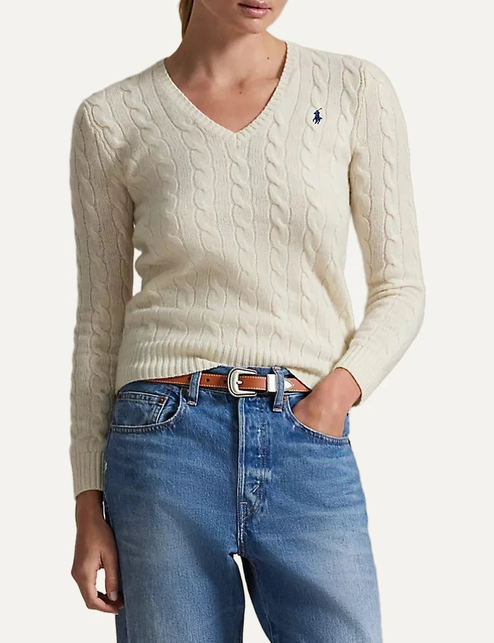 Polo Ralph Lauren women's ecru wool and cashmere cable knit sweater model