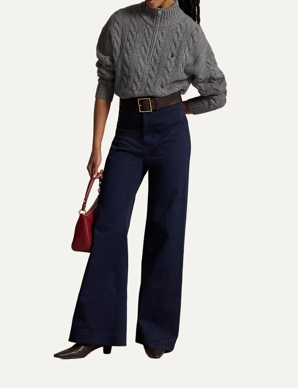 Polo Ralph Lauren women's grey melange cable-knit sweater with half-zip collar and blue embroidered Pony logo full body