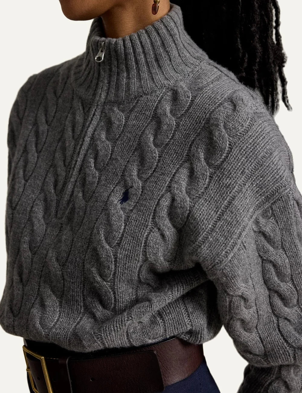 Polo Ralph Lauren women's grey melange cable-knit sweater with half-zip collar and blue embroidered Pony logo detail