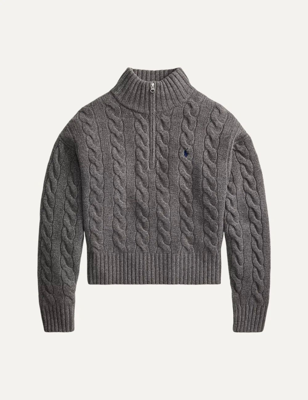 Polo Ralph Lauren women's grey melange cable-knit sweater with half-zip collar and blue embroidered Pony logo.
