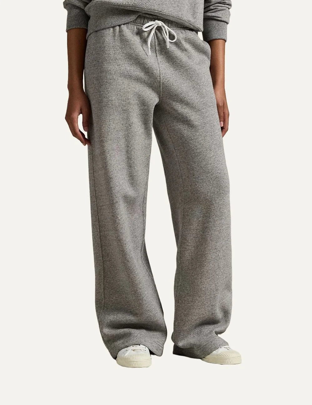 Polo Ralph Lauren women's grey melange wide-leg sweatpants with white drawstring waist and navy embroidered Pony logo model