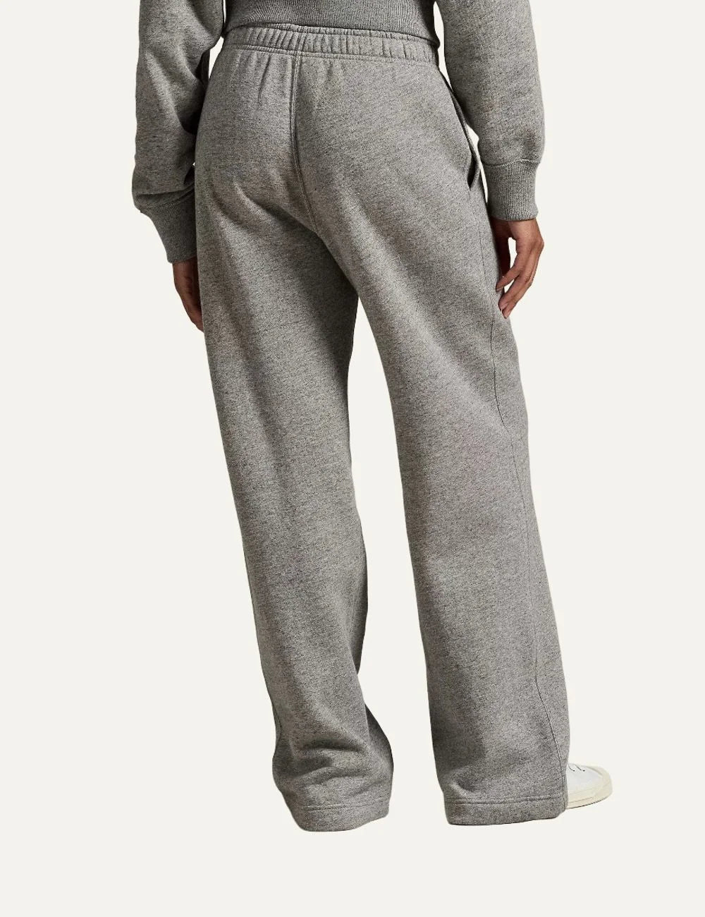 Polo Ralph Lauren women's grey melange wide-leg sweatpants with white drawstring waist and navy embroidered Pony logo back