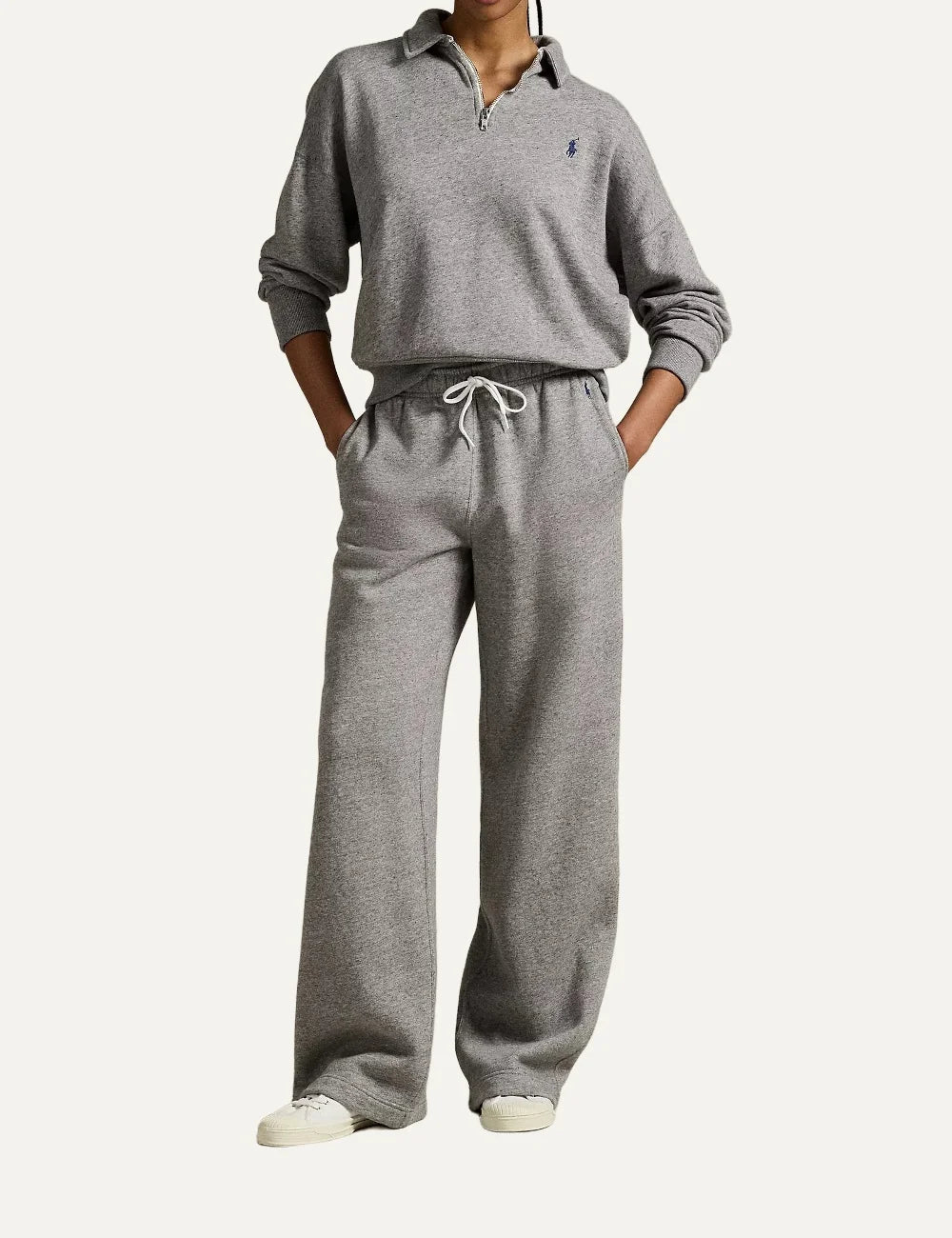 Polo Ralph Lauren women's grey melange wide-leg sweatpants with white drawstring waist and navy embroidered Pony logo full body