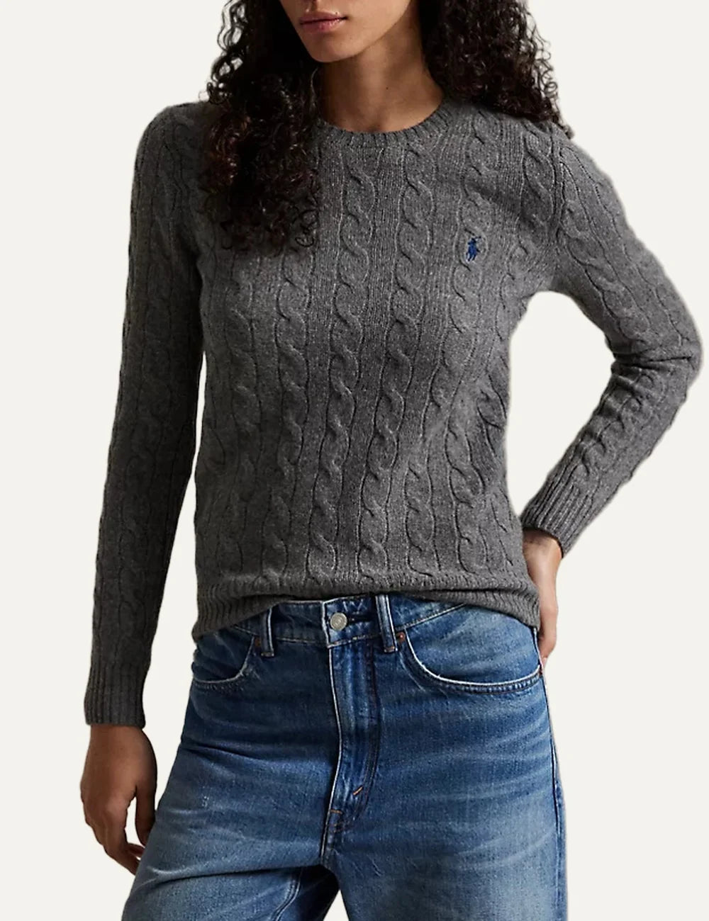 Polo Ralph Lauren women's grey wool and cashmere cable knit sweater model