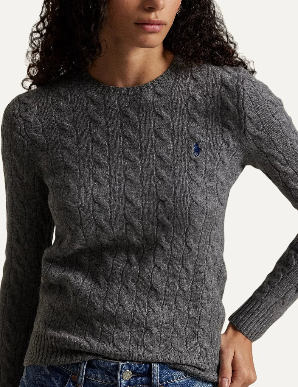 Polo Ralph Lauren women's grey wool and cashmere cable knit sweater full body