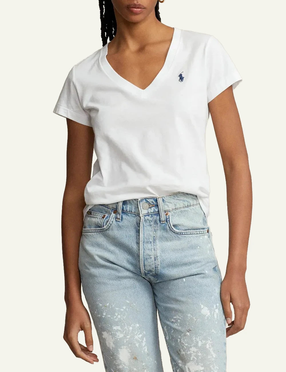 Women's Polo Ralph Lauren V-neck cotton T-shirt in white with embroidered Pony logo full body