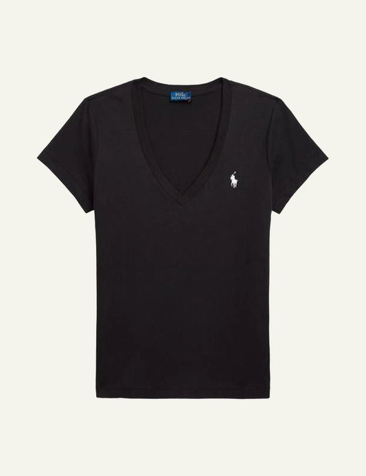 Women's Polo Ralph Lauren V-neck T-shirt in black with embroidered Pony logo