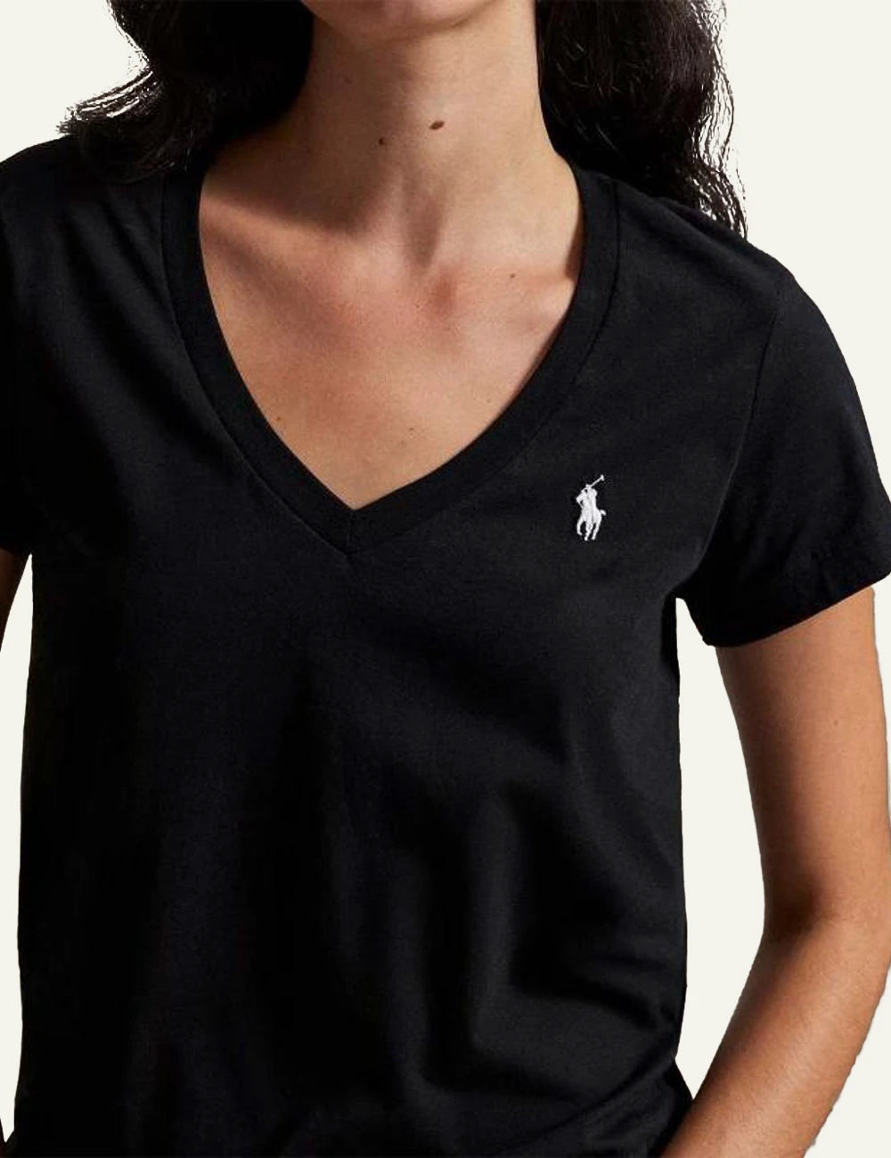 Women's Polo Ralph Lauren V-neck T-shirt in black with embroidered Pony logo detail