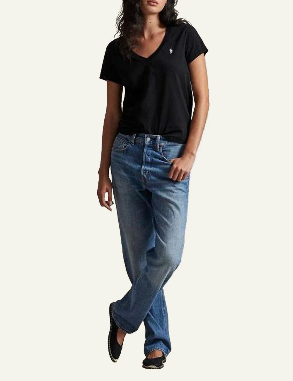 Women's Polo Ralph Lauren V-neck T-shirt in black with embroidered Pony logo full body