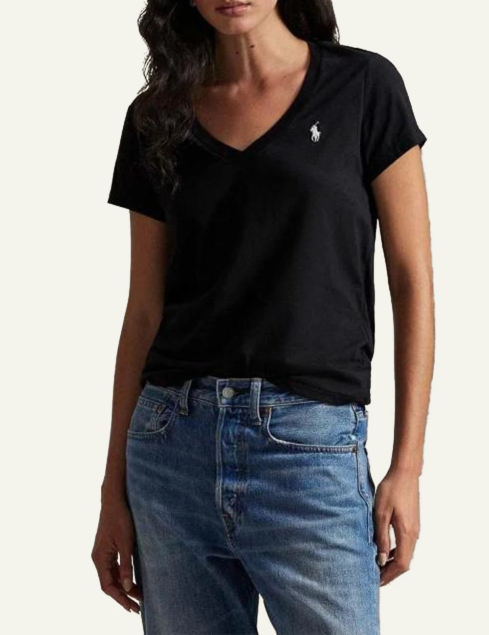 Women's Polo Ralph Lauren V-neck T-shirt in black with embroidered Pony logo model