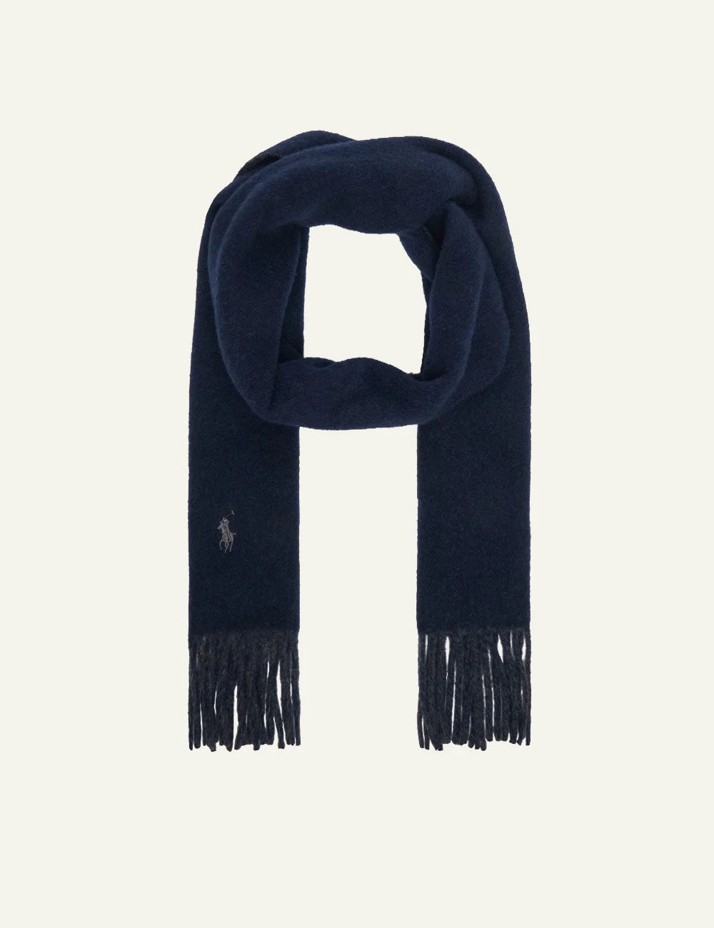 Women's Polo Ralph Lauren wool blend scarf in navy blue with fringed edges and embroidered Pony logo full